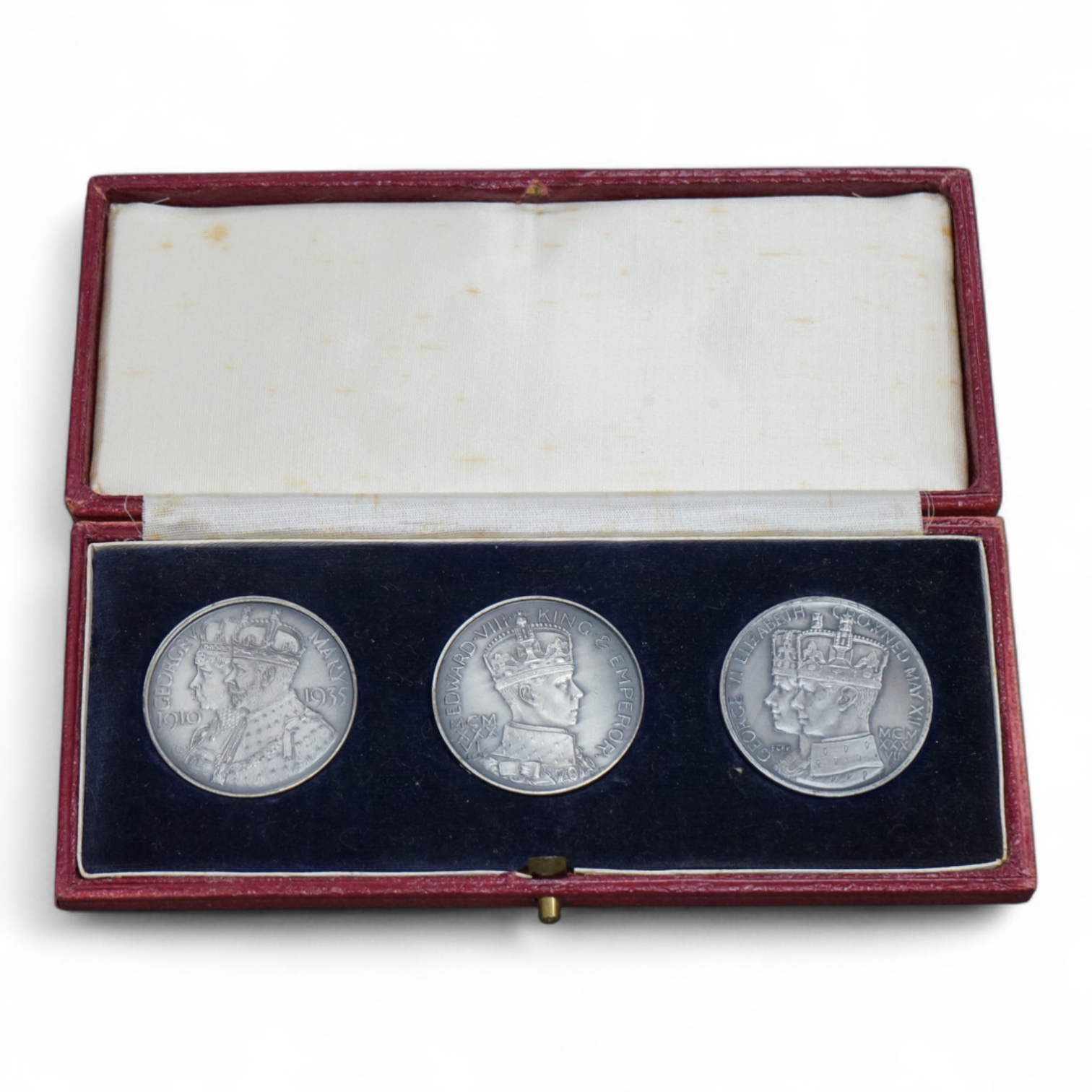 British Royal commemorative Medals, a set of three fantasy medals commemorating the silver jubilee of George V and Mary, coronation of Edward VIII and coronation of George VI and Elizabeth, cased